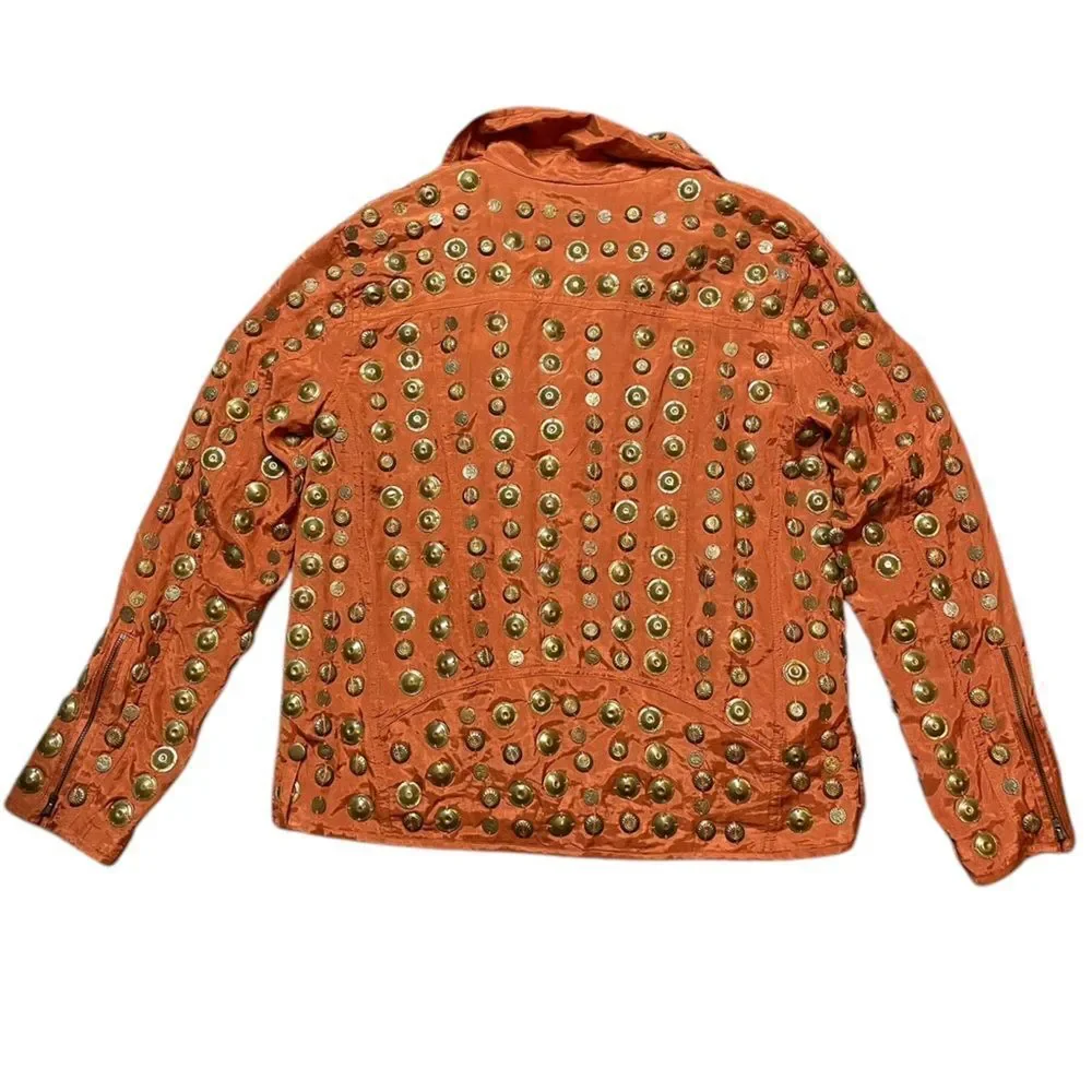 NWOT FREE PEOPLE Chelsea Coin Moto Jacket Orange/Gold Size XS